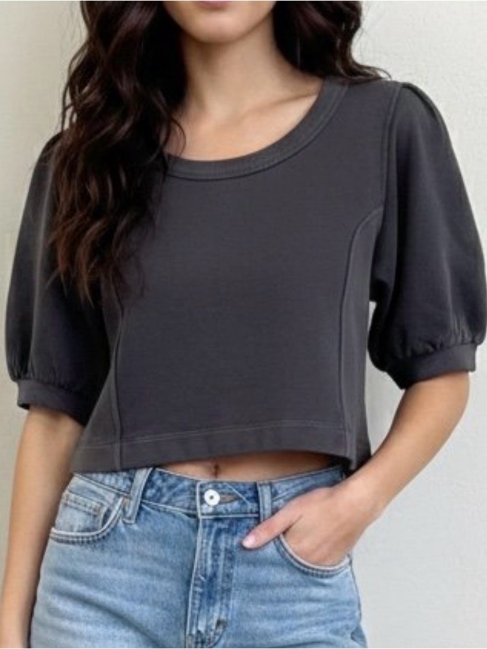 Aerie Charcoal Gray Puff Sleeve Crop Sweatshirt Women Size S